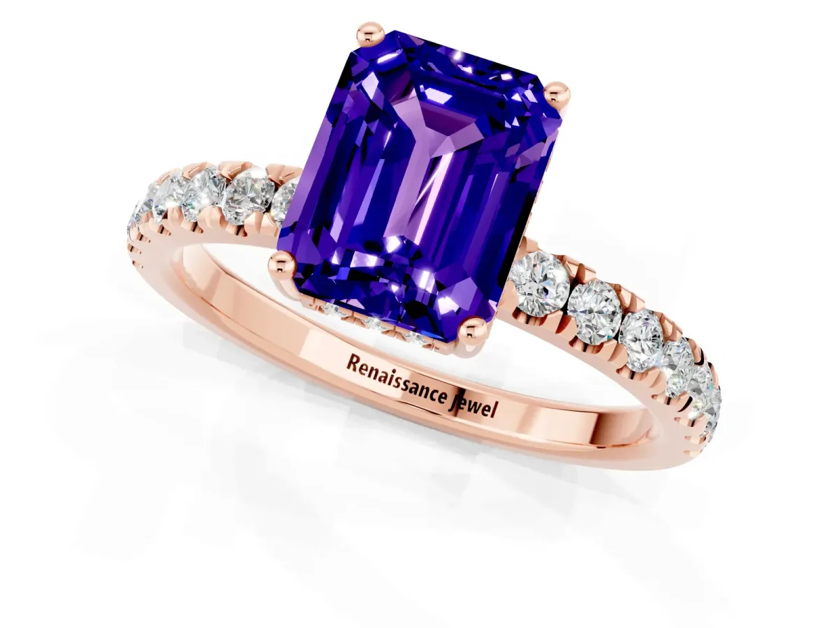 Emerald Cut Tanzanite Pave Band Solitaire Ring with Round and Prong Setting Rose gold