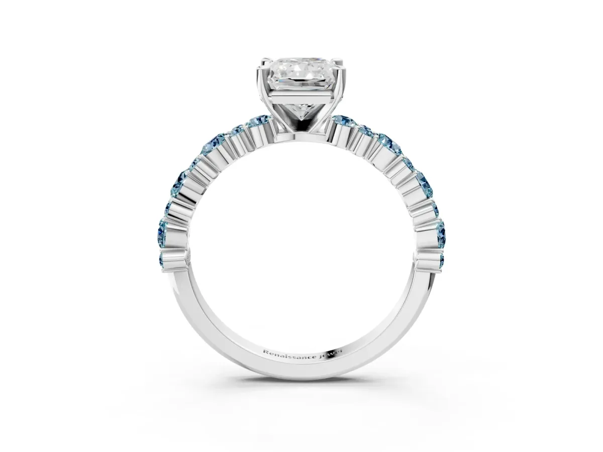 Radiant Cut Diamond Side Stone Solitaire Ring with Round Aquamarine and Four-Prong Setting Platinum
