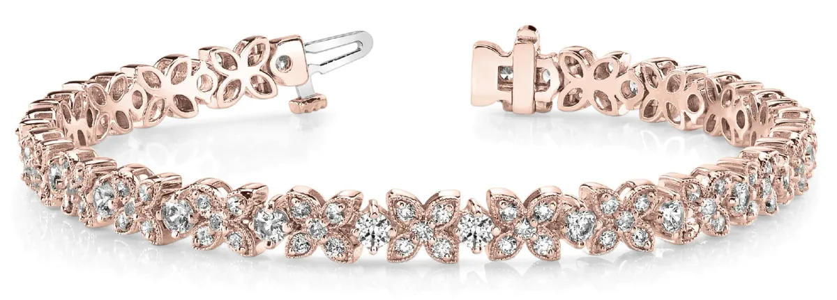 Round Cut Diamond Floral Tennis Bracelet with Prong Setting Rose gold