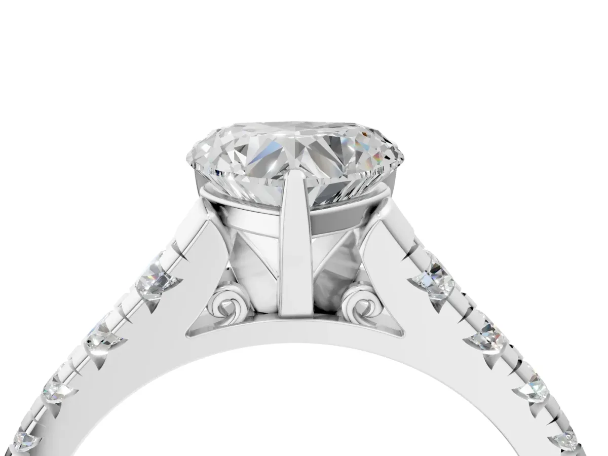 Heart Cut Diamond Cathedral Solitaire Ring with Round Moissanite Pavé Band Silver