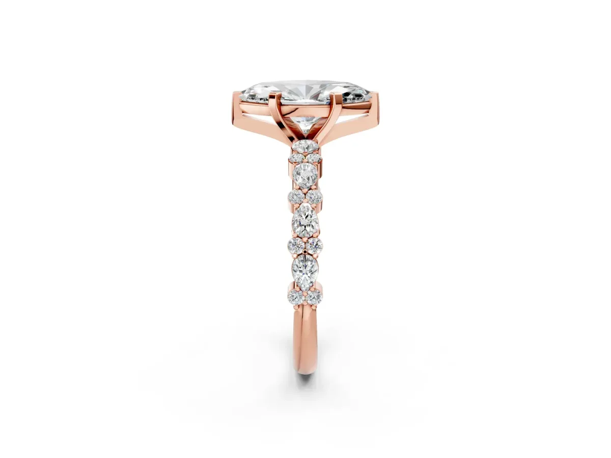 Marquise Cut Diamond Side Stone Solitaire Ring with Round Moissanite and Four-Prong Setting Rose gold