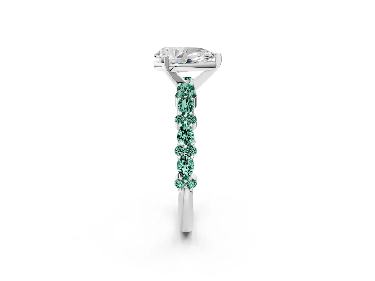 Pear Cut Diamond Side Stone Solitaire Ring with Round Green Sapphire and Four-Prong Setting Platinum