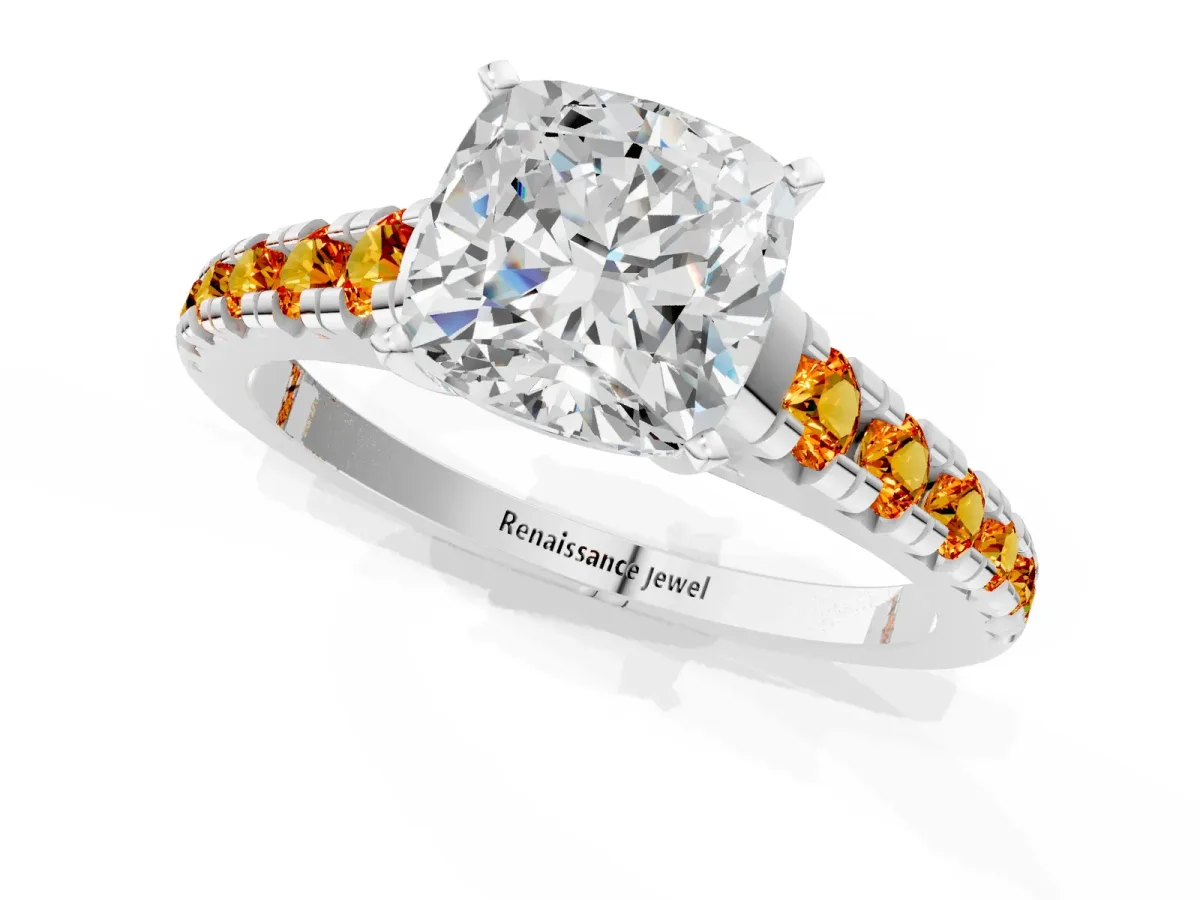 Cushion Cut Diamond Cathedral Solitaire Ring with Round Citrine Pavé Band Silver