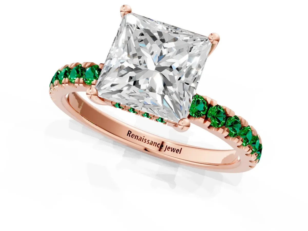 Princess Cut Diamond Pave Band Solitaire Ring with Round Emerald and Prong Setting Rose gold