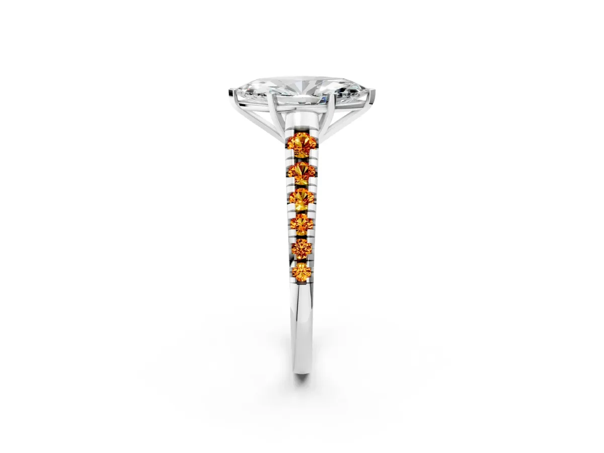 Marquise Cut Diamond Cathedral Solitaire Ring with Round Citrine Pavé Band Silver