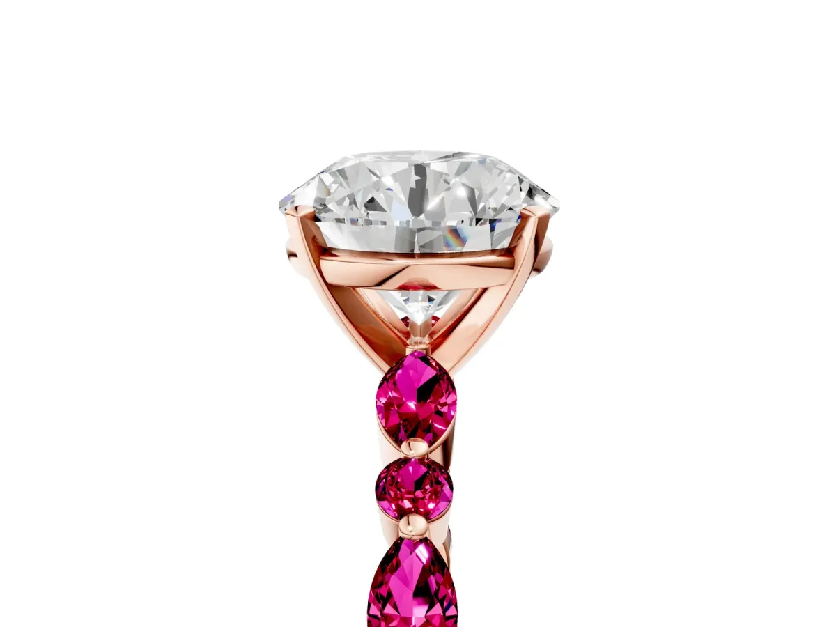 Round Cut Diamond Ring with Marquise and Round Garnet Side Stones and Four-Prong Setting Rose gold