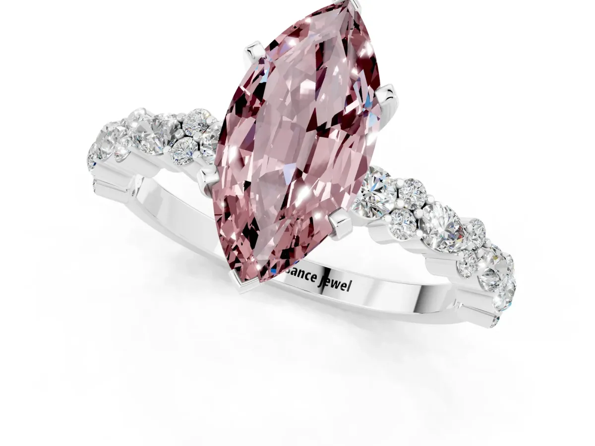 Marquise Cut Morganite Side Stone Solitaire Ring with Round and Four-Prong Setting Silver