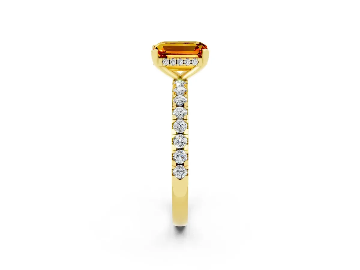 Emerald Cut Citrine Solitaire Ring with Round Pavé Band and Four-Prong Setting Yellow gold