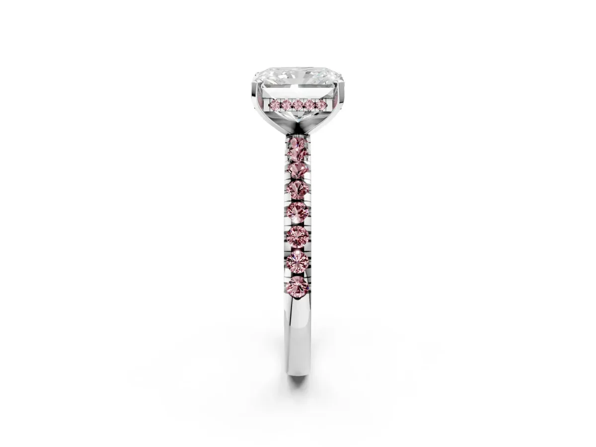 Radiant Cut Diamond Solitaire Ring with Round Morganite Pavé Band and Four-Prong Setting Silver