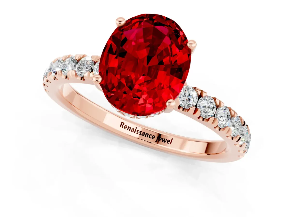 Oval Cut Ruby Pave Band Solitaire Ring with Round and Prong Setting Rose gold