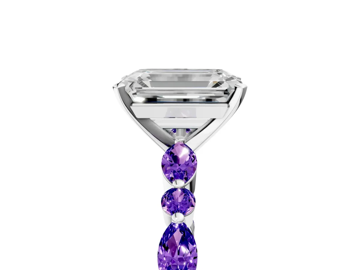 Emerald Cut Diamond Ring with Marquise and Round Tanzanite Side Stones and Four-Prong Setting Silver