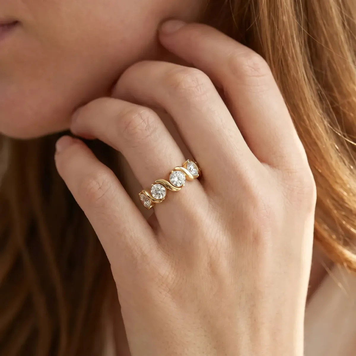 Round Diamond Half Eternity Band with Wave Prong Setting Yellow gold