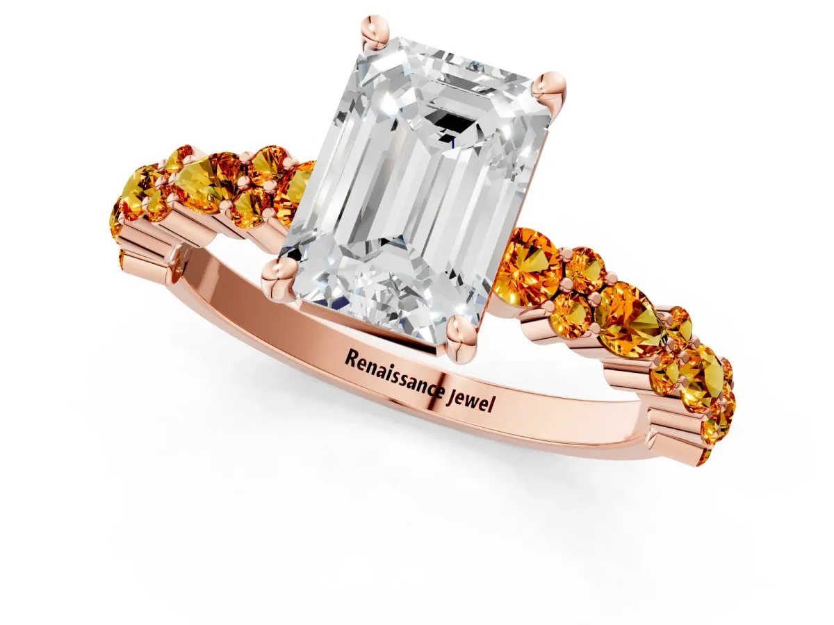Emerald Cut Diamond Side Stone Solitaire Ring with Round Citrine and Four-Prong Setting Rose gold