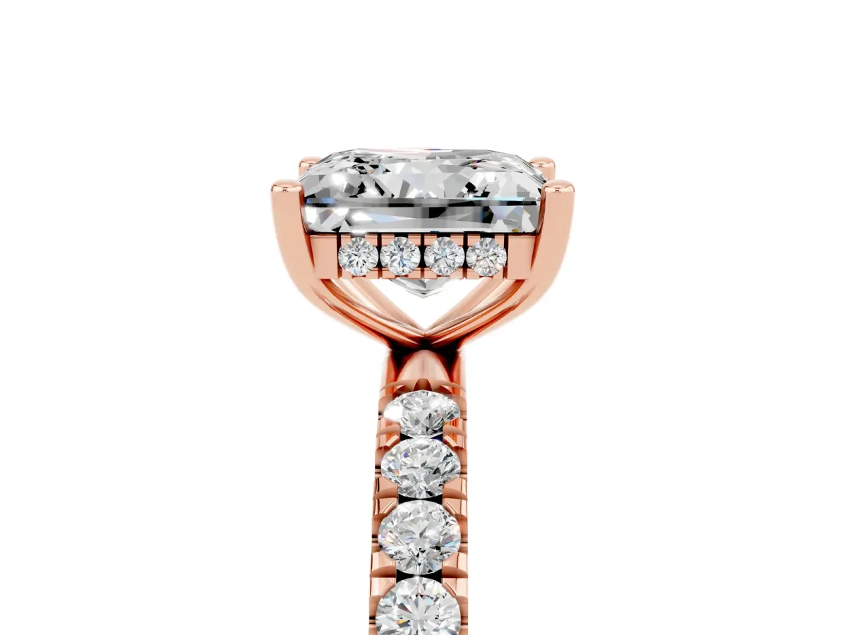 Princess Cut Moissanite Pave Band Solitaire Ring with Round and Prong Setting Rose gold