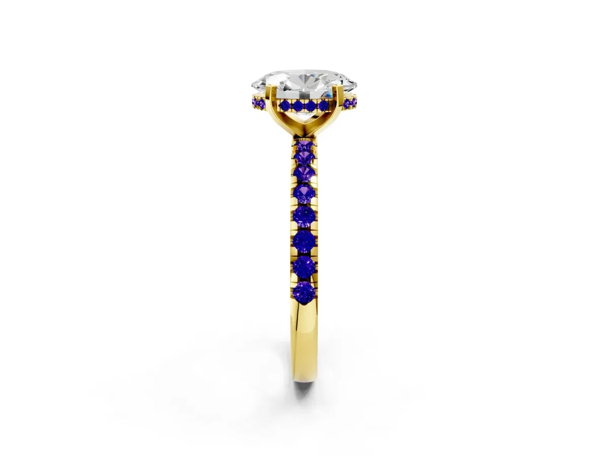 Oval Cut Diamond Solitaire Ring with Round Tanzanite Pavé Band and Four-Prong Setting Yellow gold