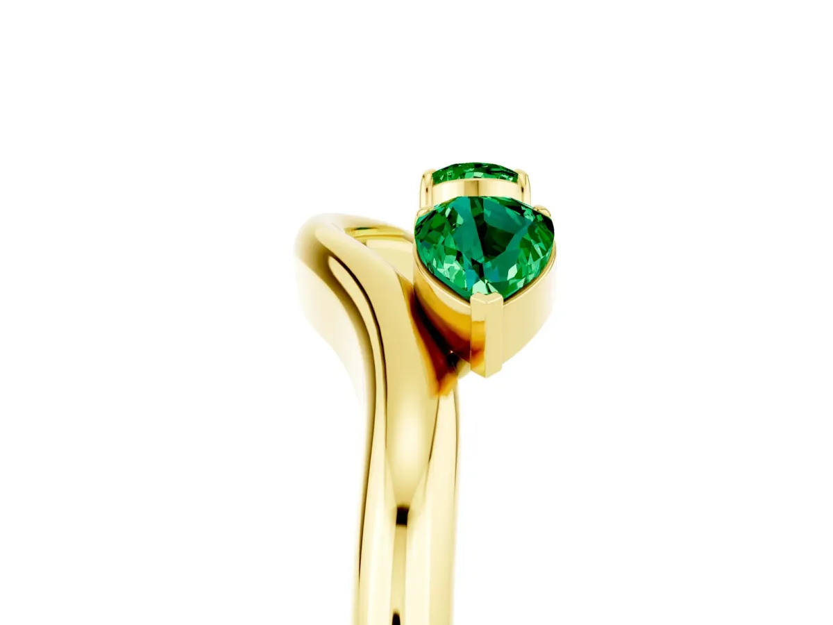 Pear Cut Emerald Two-Stone Open Band Ring with Prong Setting Yellow gold