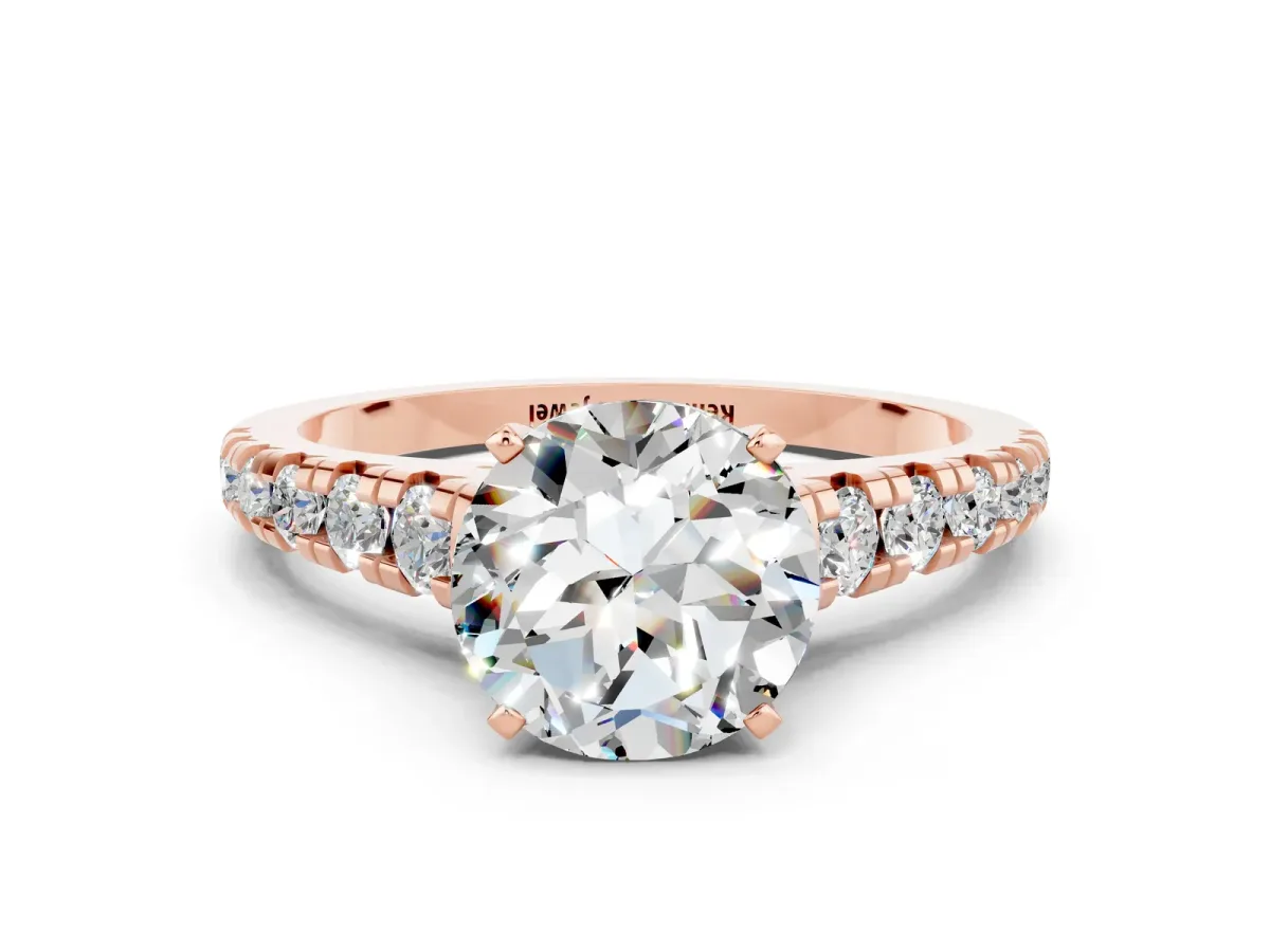 Round Cut Moissanite Cathedral Solitaire Ring with Round Pavé Band Rose gold