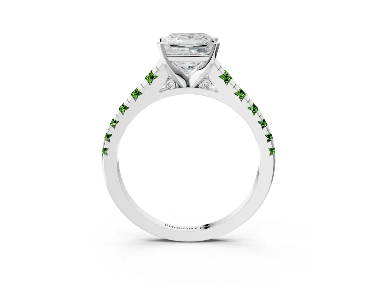 Princess Cut Diamond Cathedral Solitaire Ring with Round Peridot Pavé Band Platinum