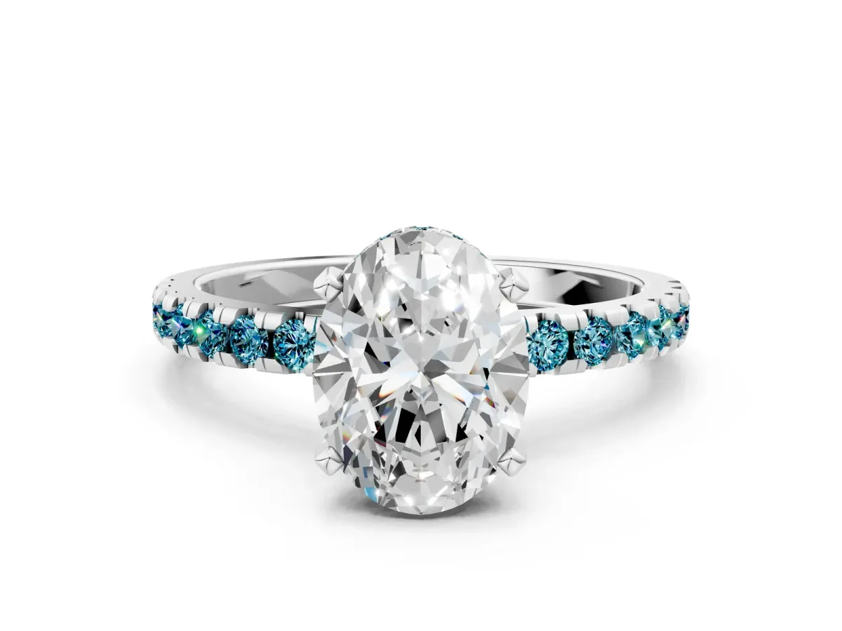 Oval Cut Diamond Solitaire Ring with Round Blue Topaz Pavé Band and Four-Prong Setting Platinum