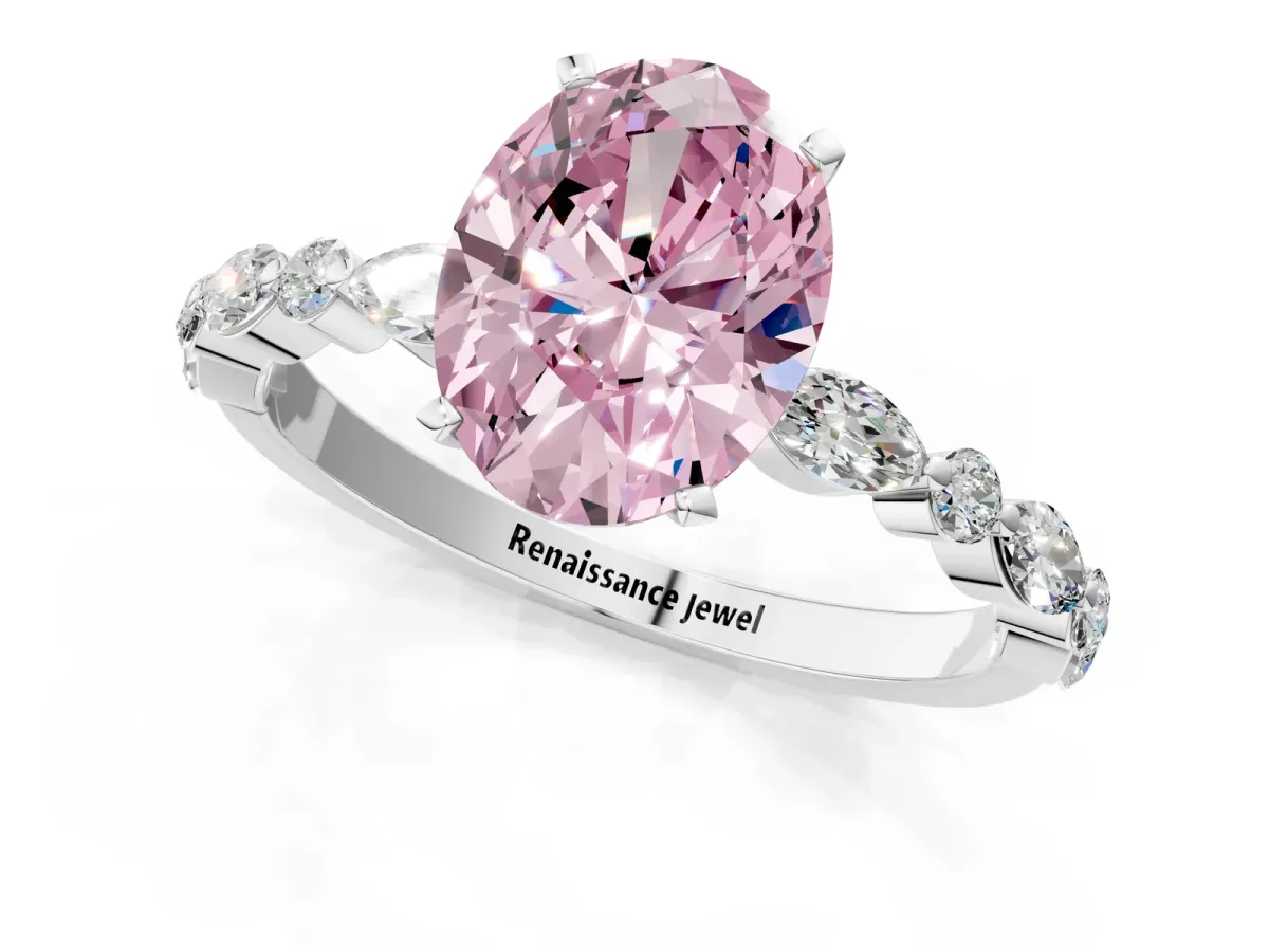 Fancy Pink Oval Cut Diamond Ring with Marquise and Round Side Stones and Four-Prong Setting Platinum