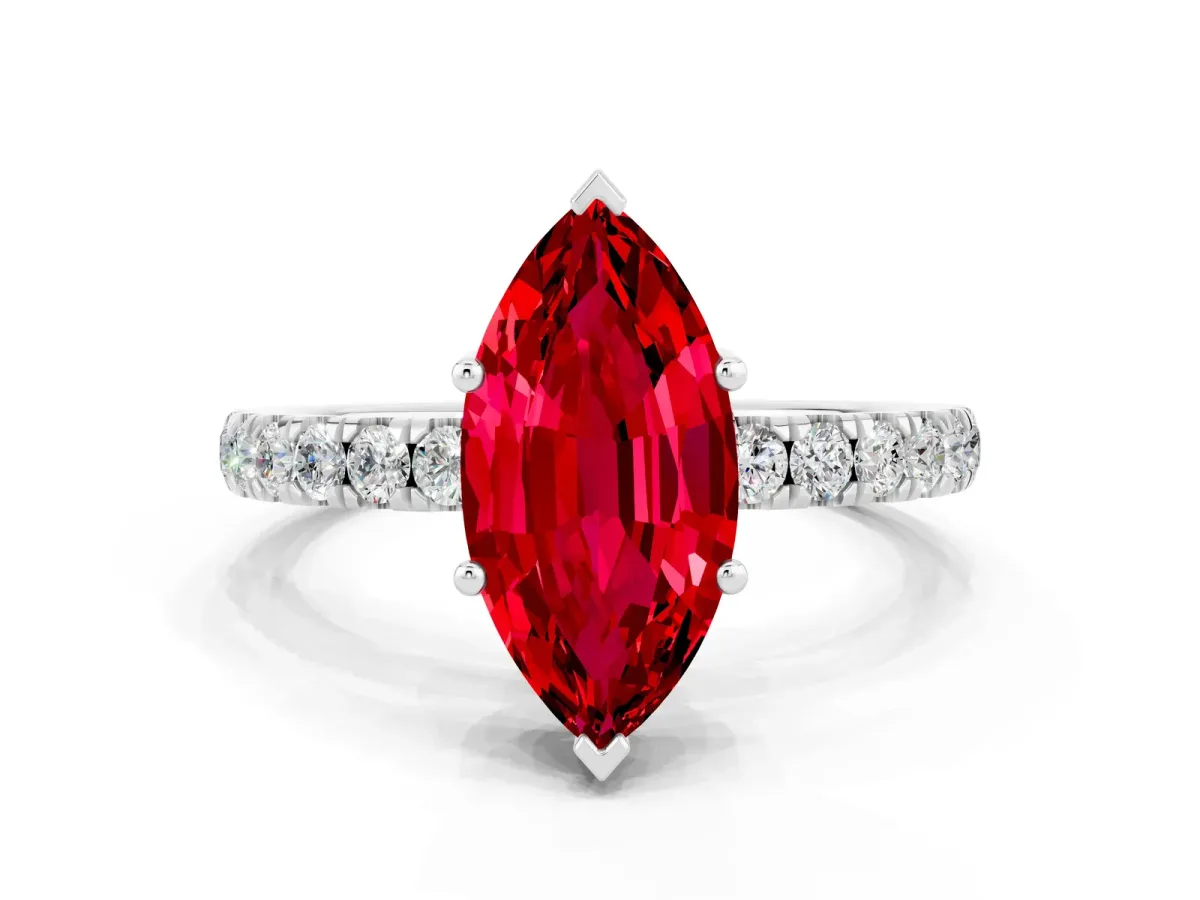 Marquise Cut Ruby Pave Band Solitaire Ring with Round and Prong Setting Silver