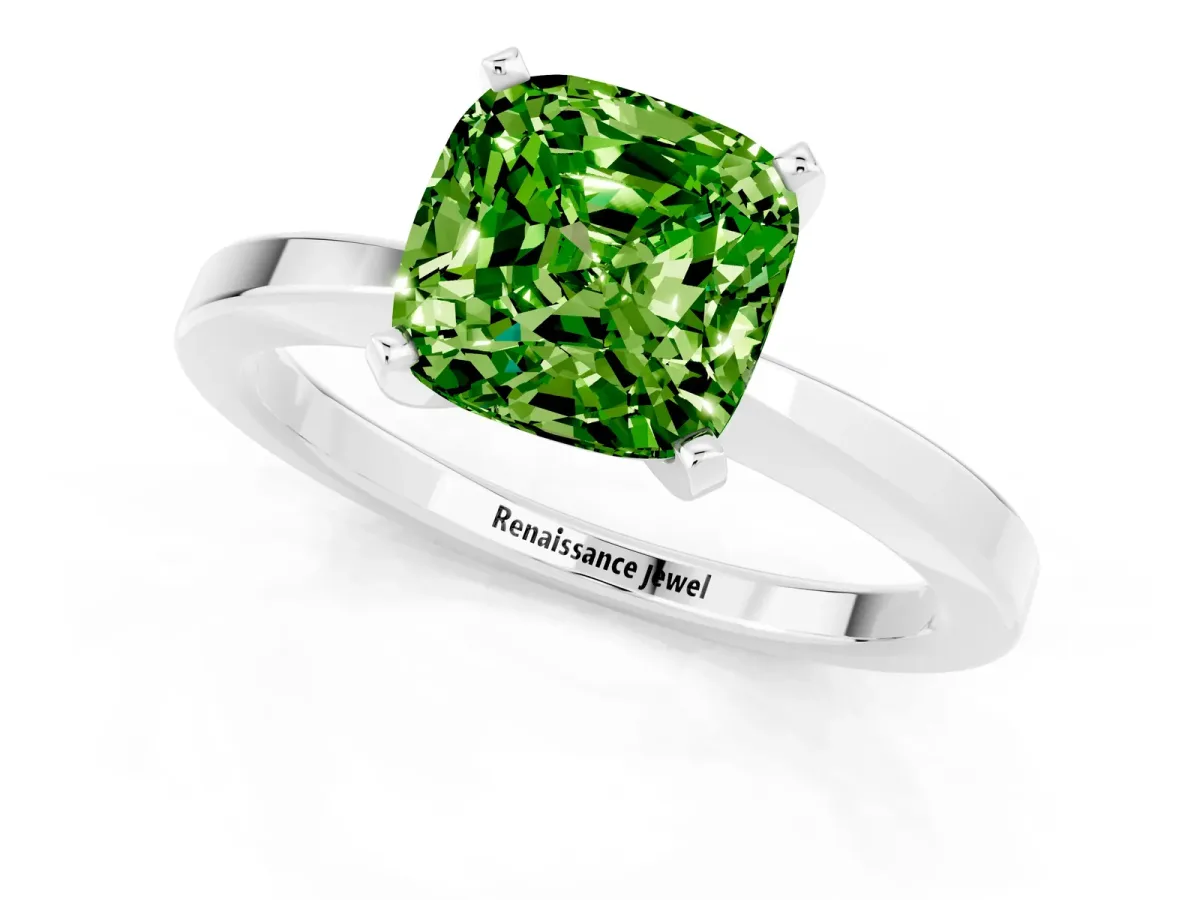 Cushion Cut Peridot Solitaire Engagement Ring with Classic Band and Four-Prong Setting Platinum