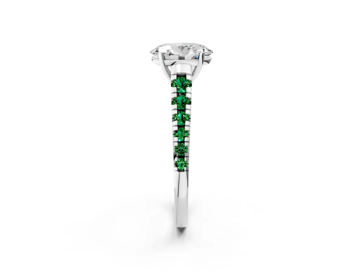 Oval Cut Diamond Cathedral Solitaire Ring with Round Emerald Pavé Band White gold