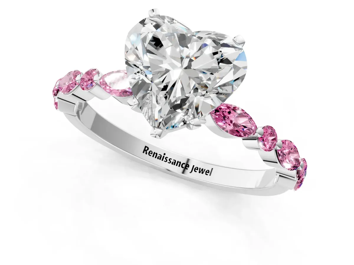 Heart Cut Diamond Ring with Marquise and Round Pink Sapphire Side Stones and Four-Prong Setting Silver