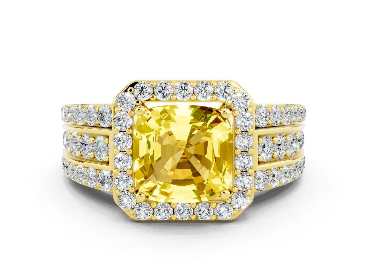 Cushion Cut Halo Yellow Sapphire Ring with Round Split Shank and Prong Setting Yellow gold