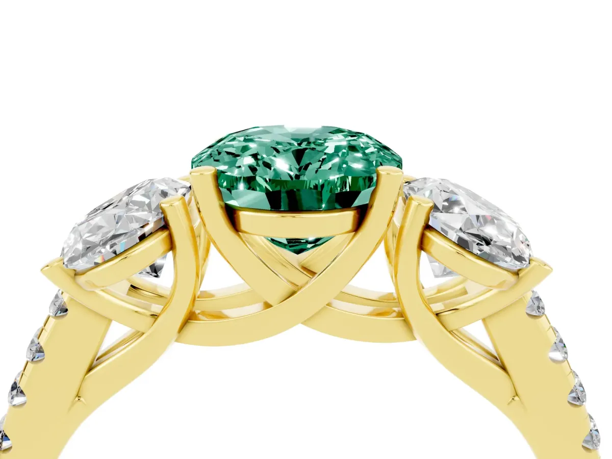 Three-Stone Oval Cut Green Sapphire Ring with Round Pavé Band and Prong Setting Yellow gold