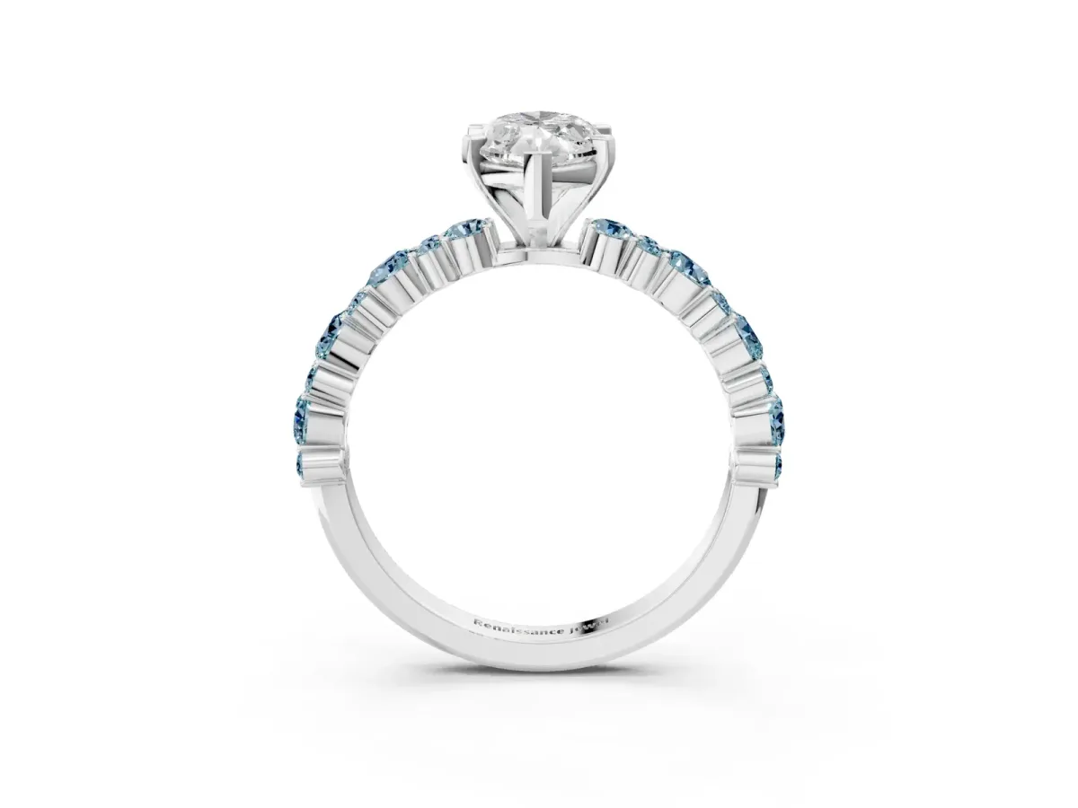 Marquise Cut Diamond Side Stone Solitaire Ring with Round Aquamarine and Four-Prong Setting Platinum