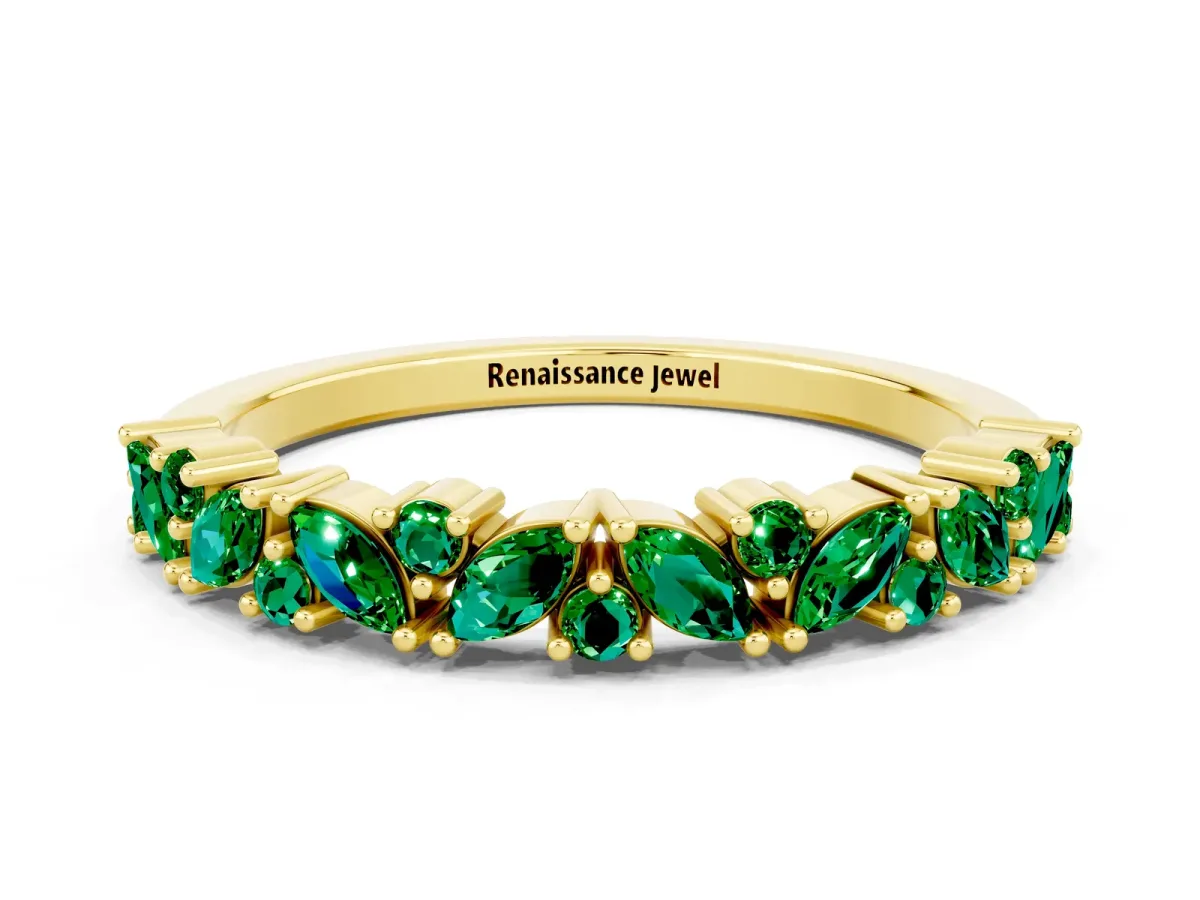 Marquise and Round Emerald Vine Eternity Band with Prong Setting Yellow gold