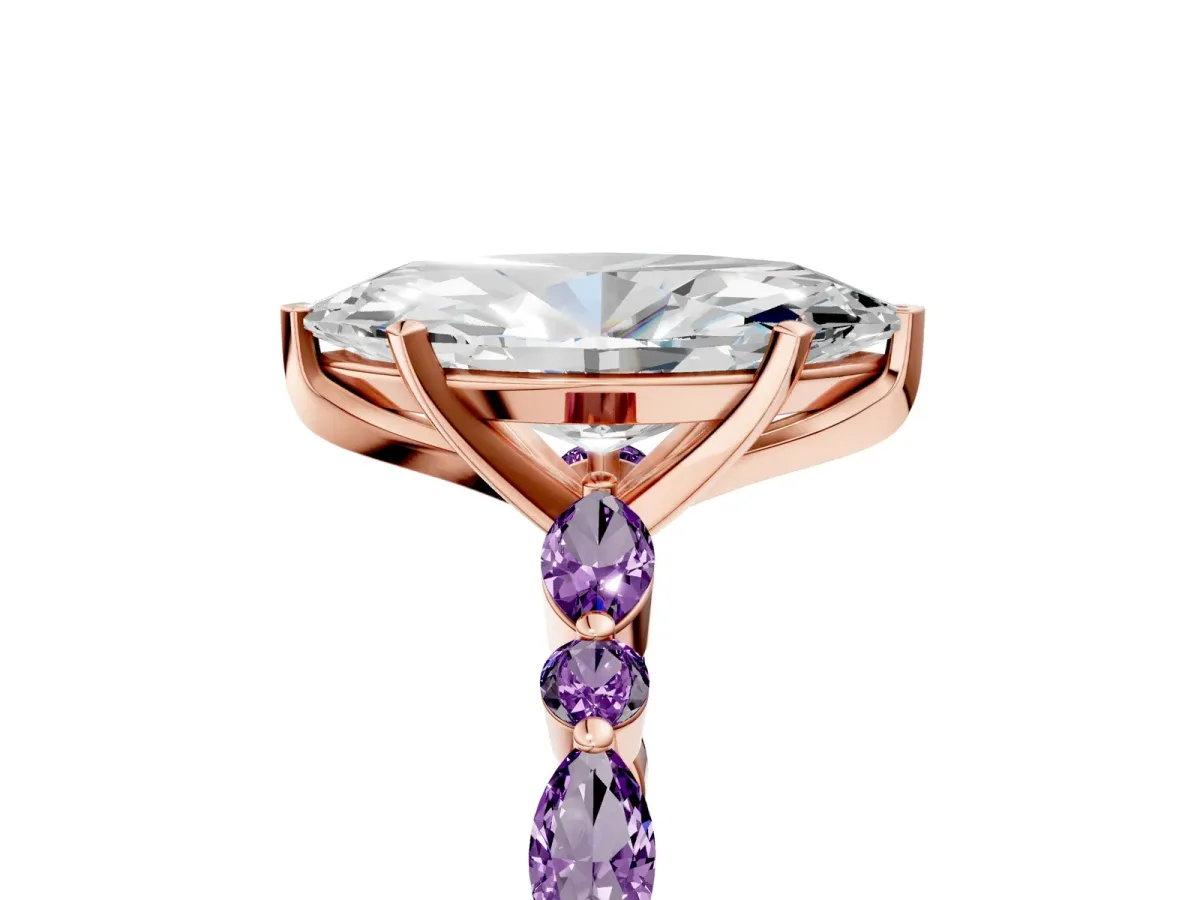 Marquise Cut Diamond Ring with Marquise and Round Amethyst Side Stones and Four-Prong Setting Rose gold