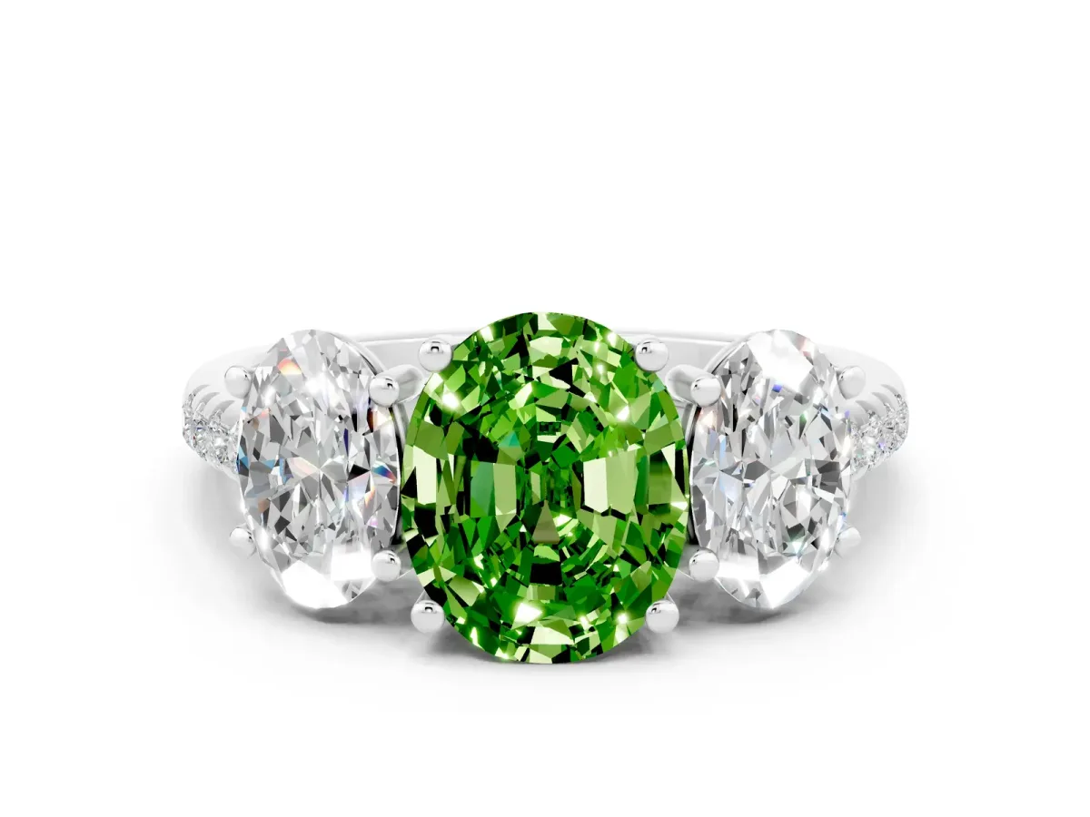 Three-Stone Oval Cut Peridot Ring with Round Pavé Band and Prong Setting White gold