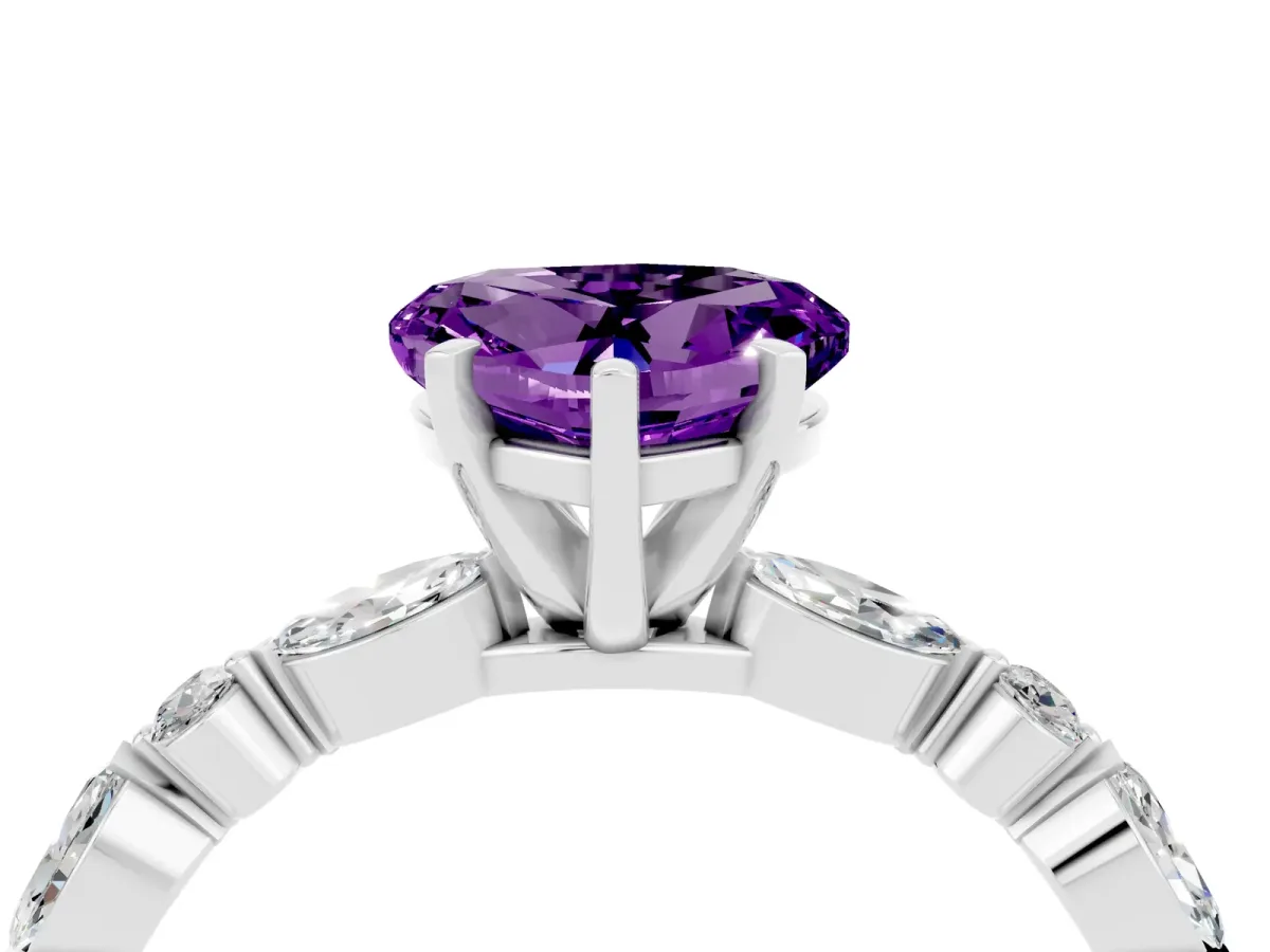 Heart Cut Amethyst Ring with Marquise and Round Side Stones and Four-Prong Setting Silver