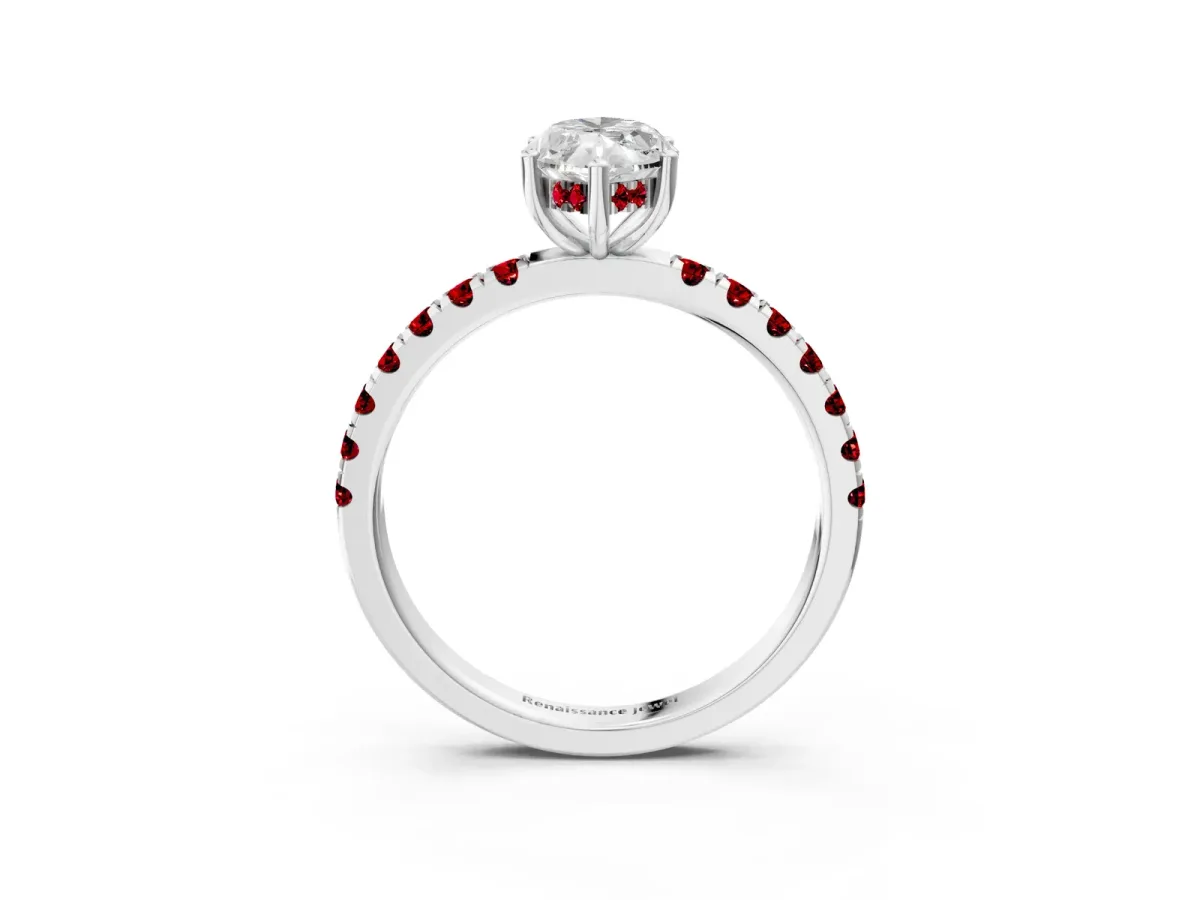 Marquise Cut Diamond Pave Band Solitaire Ring with Round Ruby and Prong Setting Platinum