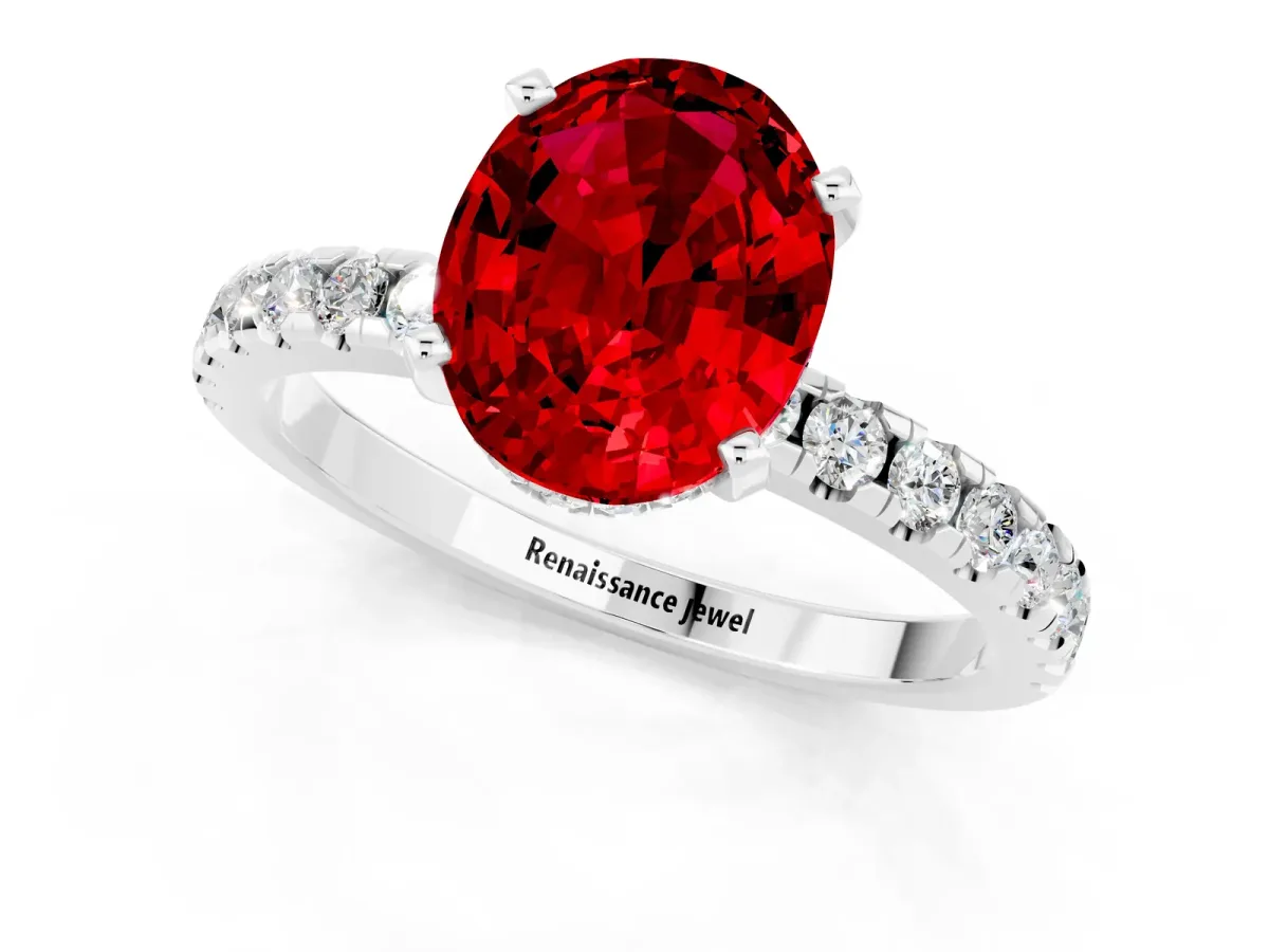 Oval Cut Ruby Solitaire Ring with Round Pavé Band and Four-Prong Setting Silver