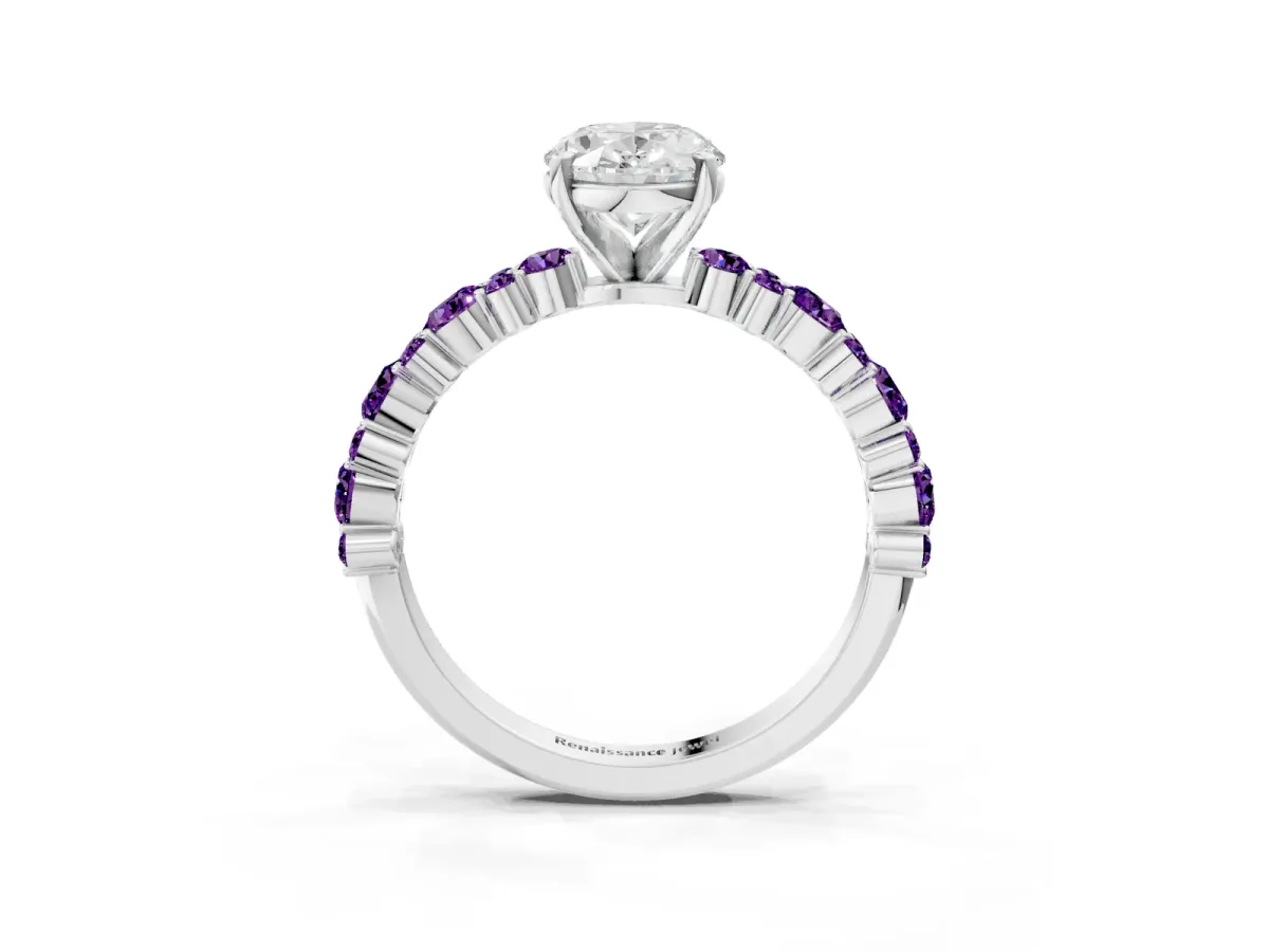 Oval Cut Diamond Side Stone Solitaire Ring with Round Amethyst and Four-Prong Setting Silver
