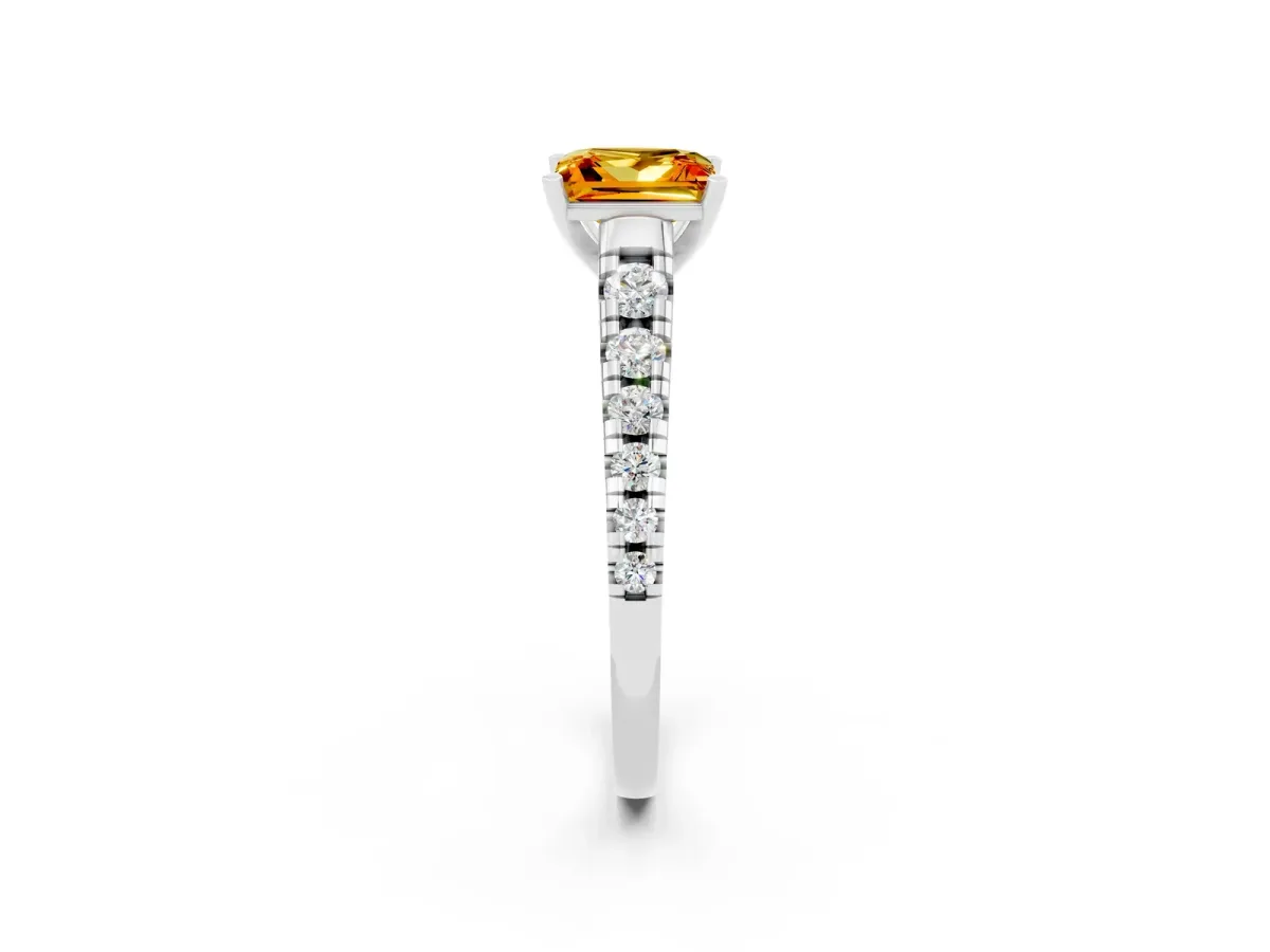 Princess Cut Citrine Cathedral Solitaire Ring with Round Pavé Band Silver