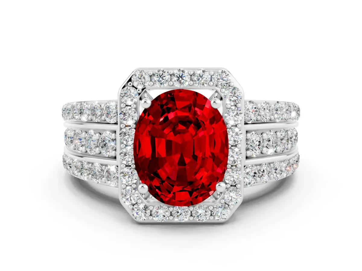 Oval Cut Halo Ruby Ring with Round Split Shank and Prong Setting White gold