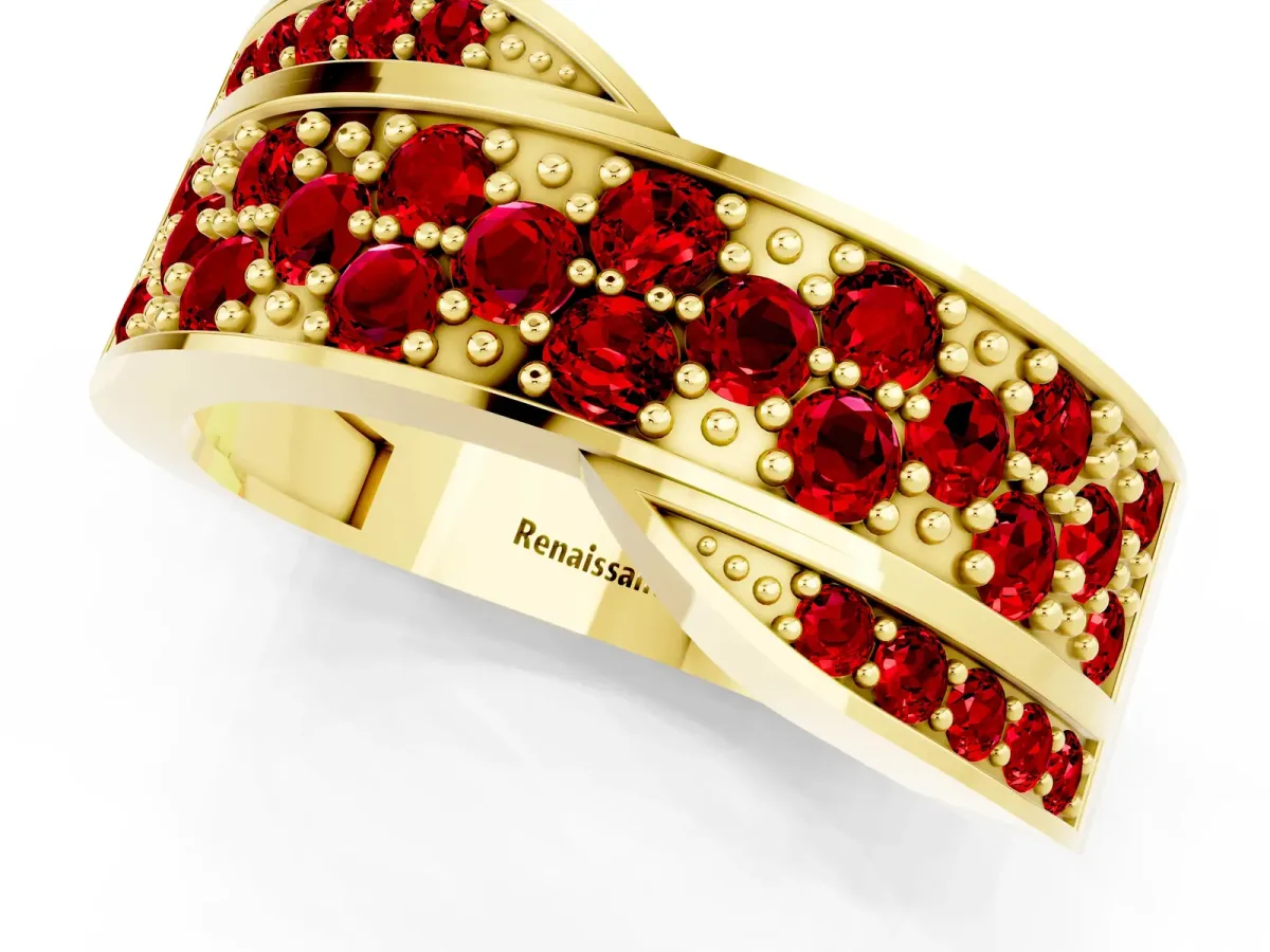 Pavé Round Ruby Crossover Band with Bead Prong Setting Yellow gold