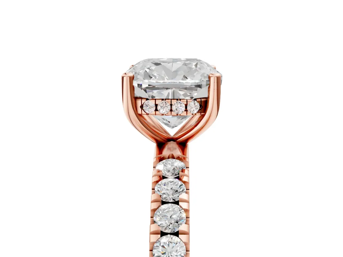Cushion Cut Diamond Pave Band Solitaire Ring with Round Moissanite and Prong Setting Rose gold