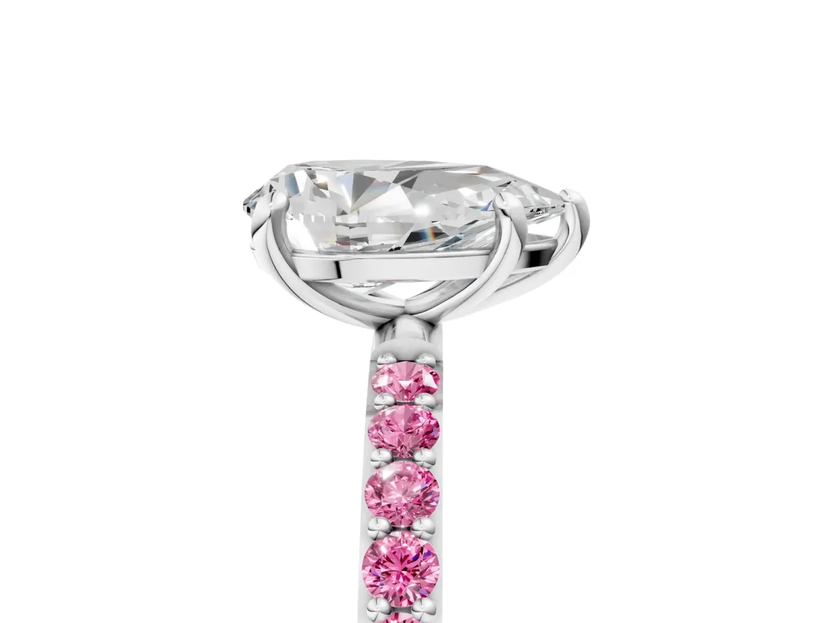 Pear Cut Diamond Solitaire Ring with Round Pink Sapphire Pavé Band and Prong Setting Platinum