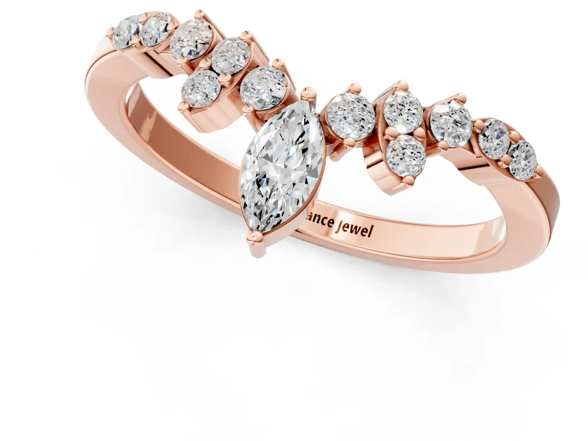 Marquise and Round Diamond Chevron Band with Prong Setting Rose gold