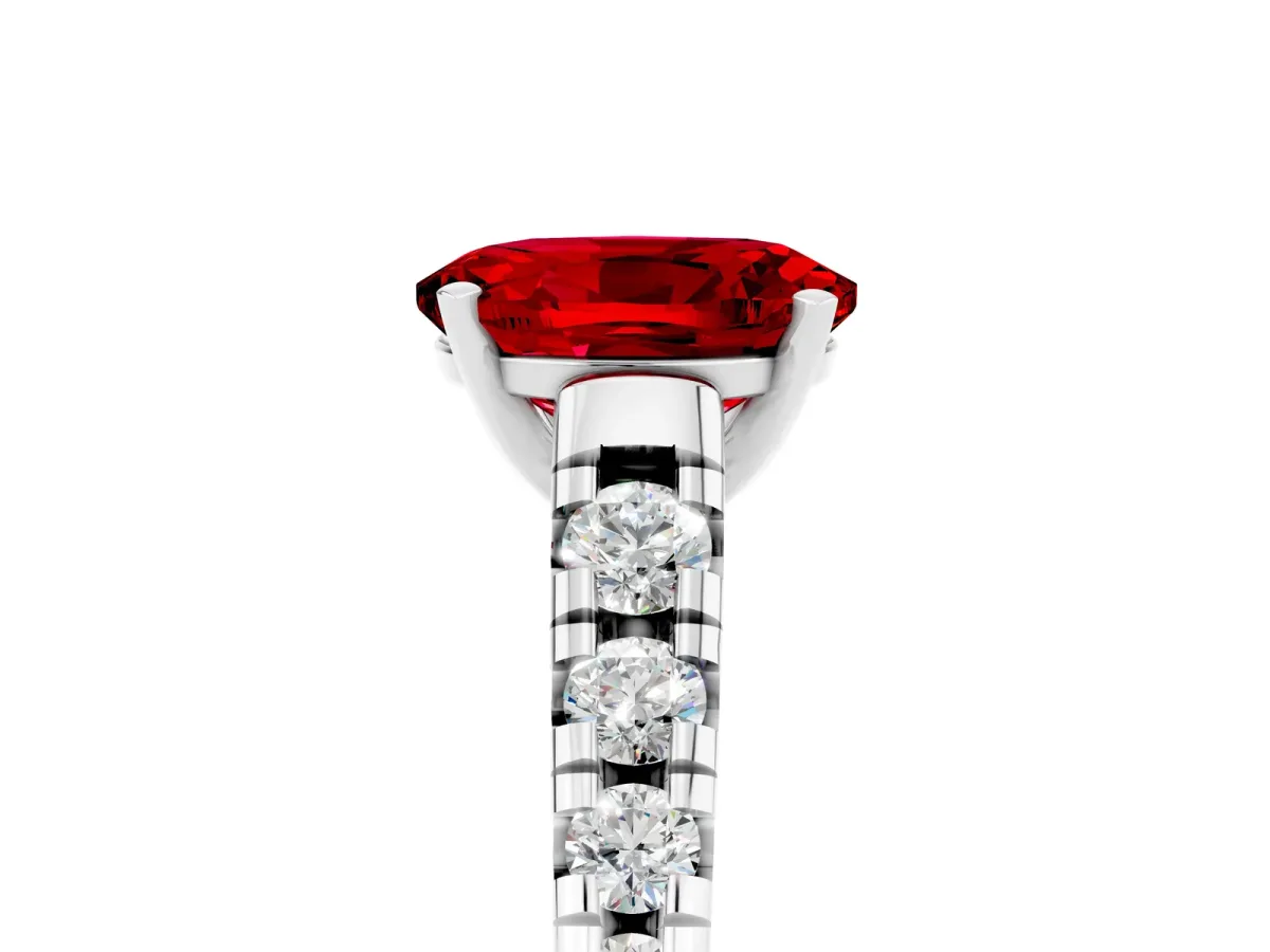 Oval Cut Ruby Cathedral Solitaire Ring with Round Pavé Band Platinum