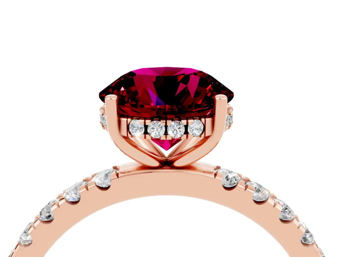 Round Cut Garnet Pave Band Solitaire Ring with Round and Prong Setting Rose gold