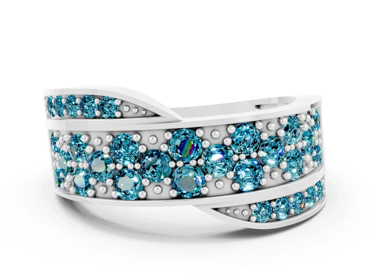 Pavé Round Blue Topaz Crossover Band with Bead Prong Setting Silver