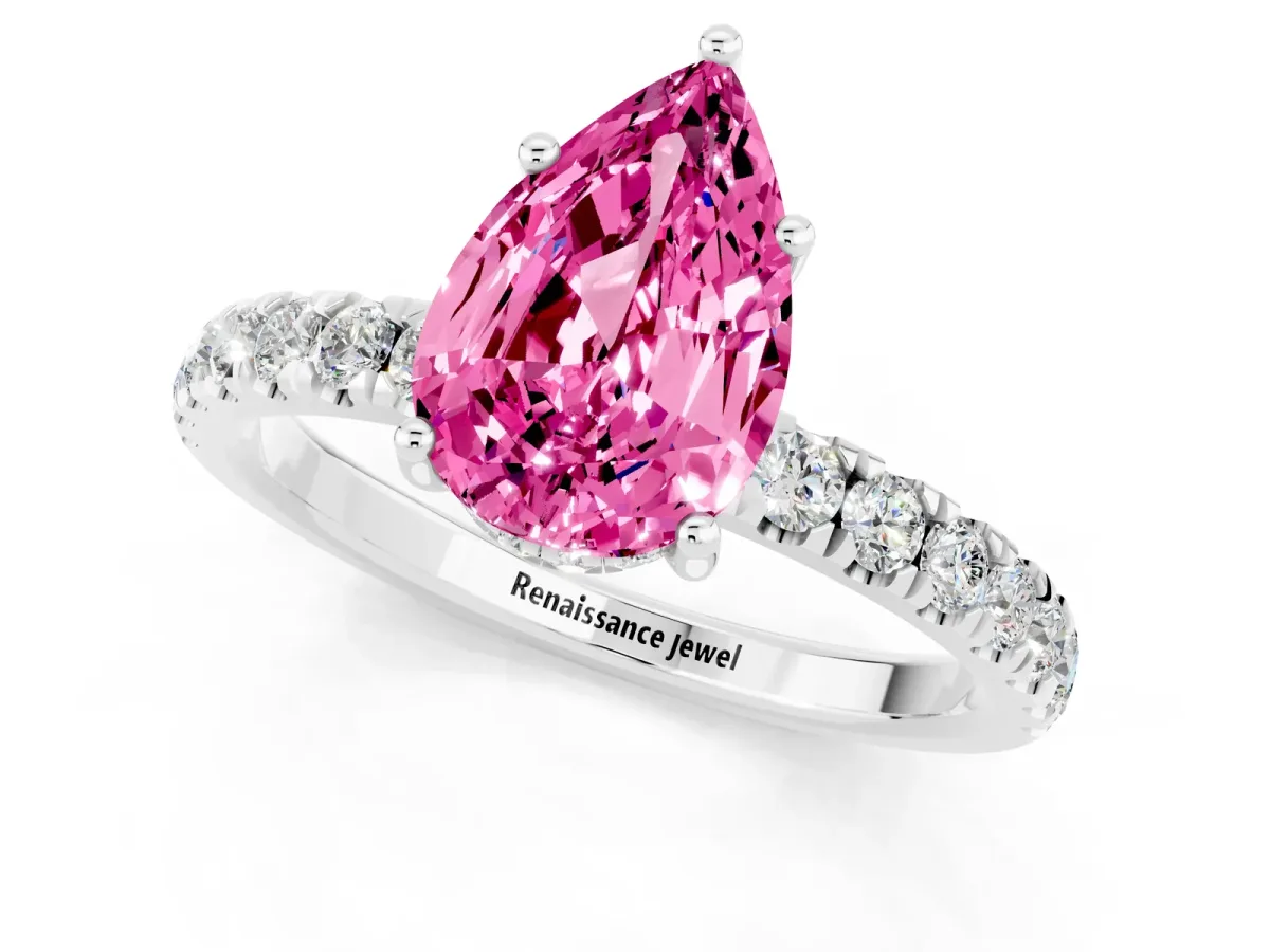 Pear Cut Pink Sapphire Pave Band Solitaire Ring with Round and Prong Setting Silver