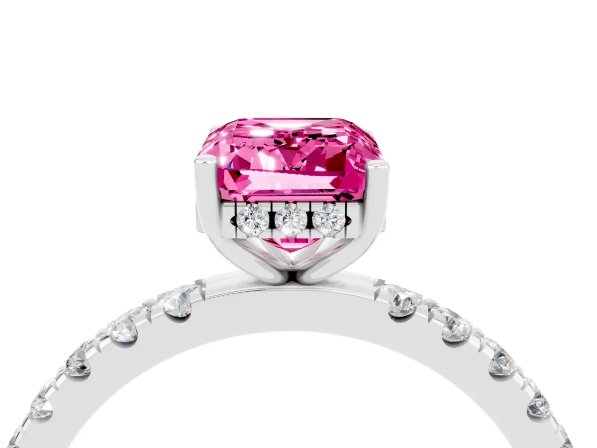 Emerald Cut Pink Sapphire Pave Band Solitaire Ring with Round and Prong Setting Silver