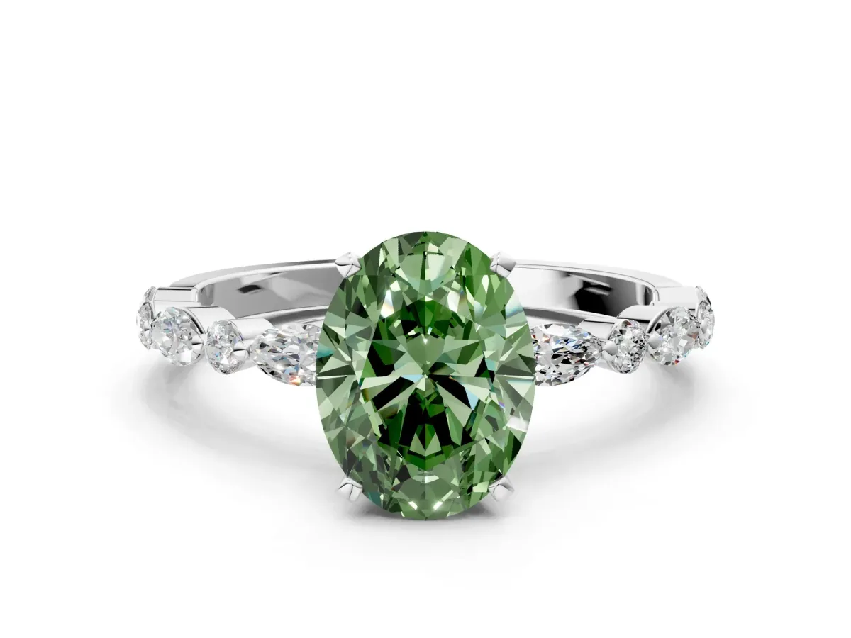 Fancy Green Oval Cut Diamond Ring with Marquise and Round Side Stones and Four-Prong Setting Platinum